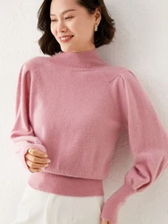 High Quality 100% Merino Wool Sweater Autumn Winter Women Mock Neck Knitted Pullover Casual Long Sleeve Cashmere Clothing Tops