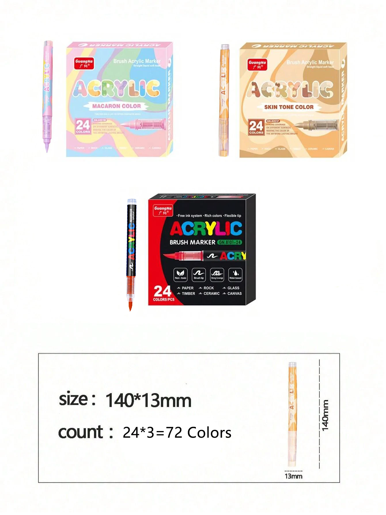 GuangNa 24 Colors Soft Brush Acrylic Marker Pen Set,Skin Tone, Macaron color,DIY Hand Drawn,Paint Art Markers pens,GN.8201F/M