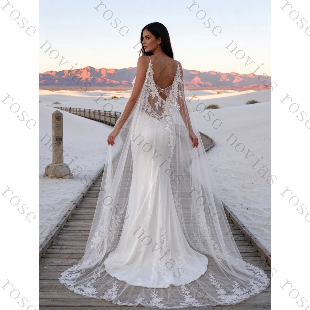 Customized Ivory Satin Slim Fit Mermaid Wedding Dress 2026 Hot Selling Suspender Lace Backless Bridal Gown Suitable for Beaches