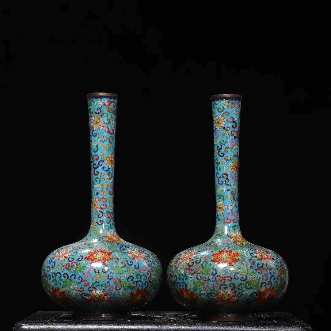 

13"Old Bronze Cloisonne Enamel floral pattern bottle Long diameter sky ball vase copywriting Amass wealth Ornaments