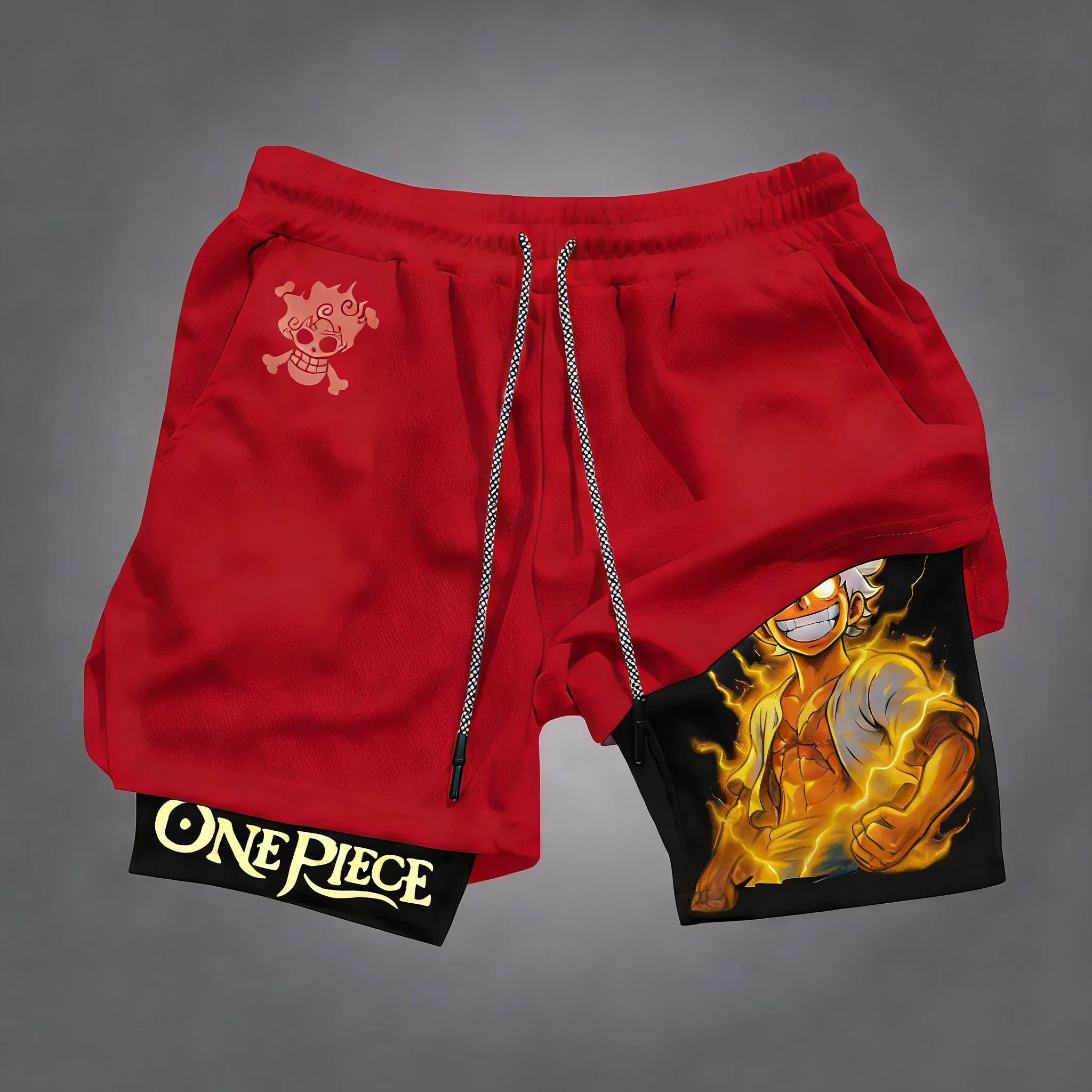 ONE PIECE Doppellagige Sportshorts Sommer Neue Herren- und Damen-Shorts mit Anime-Luffy-Print Y2K Schnell trocknende, atmungsaktive 2-in-1-Shorts