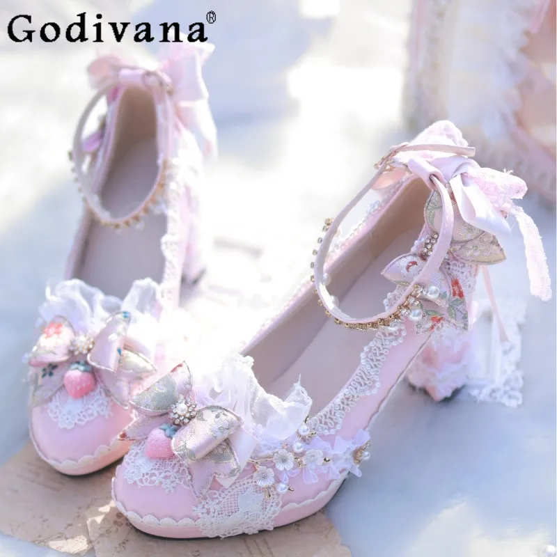 

Japanese Original Design Pink Sweet Lolita High Heels Round Head Thick Heel Elegant Retro Women's Tea Party Lo Shoes