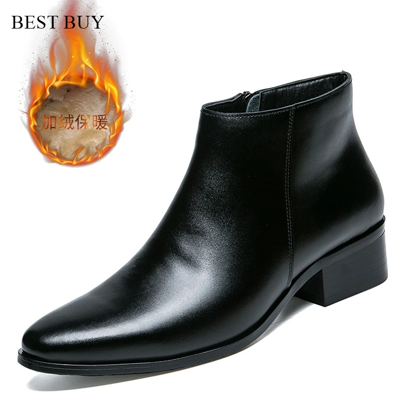 

Men Chelsea Boots Genuine Leather Botas Wedding Dress Shoes for Male Formal Business Ankle Boot Winter Warm Black 4cm