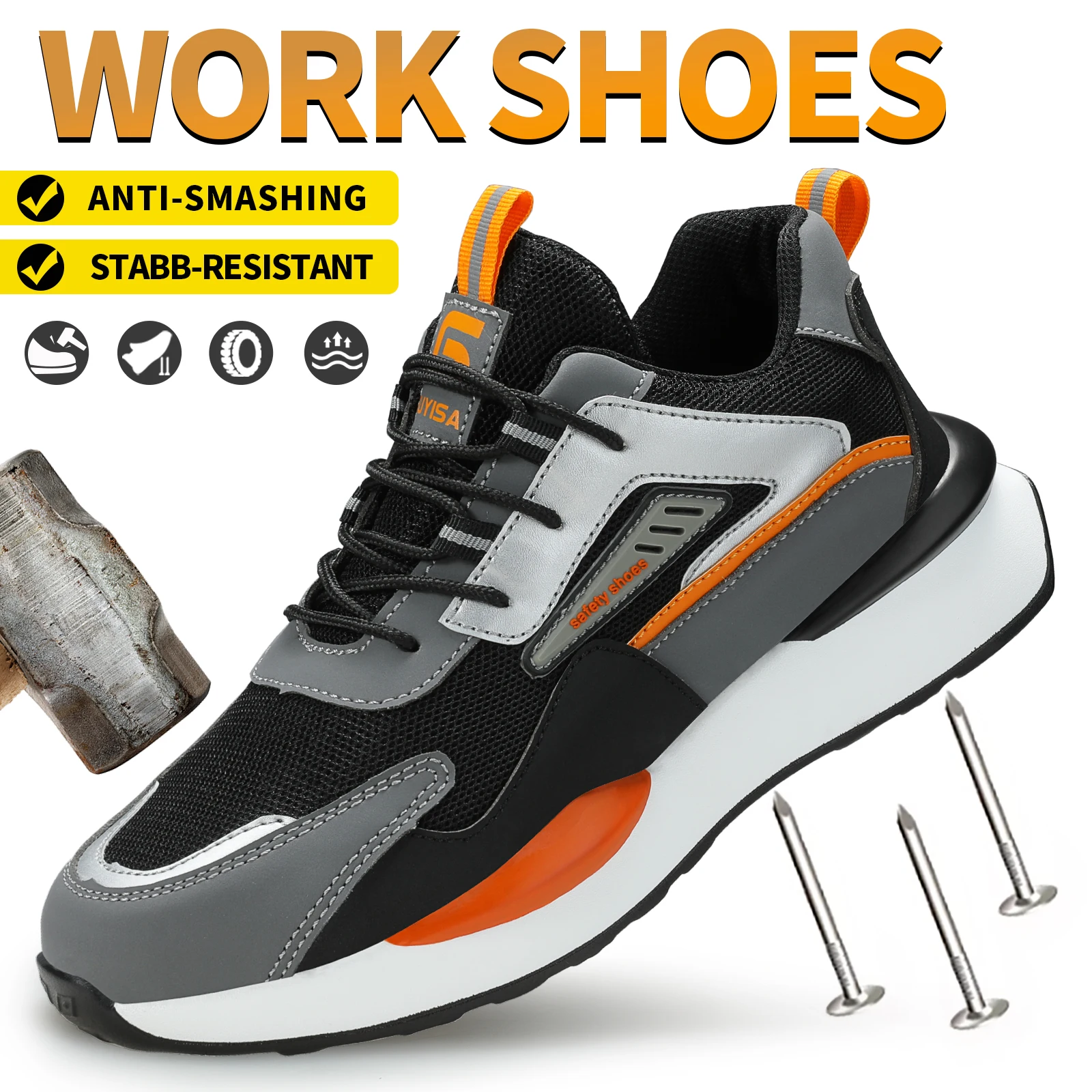 GUYISA men's low cut patchwork color casual work shoes with steel toe that is impact resistant and puncture resistant, suitable