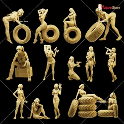 3D Print 1/64 1/43 1/35 Machine Repair Female Tire advertisement Girl Figure Diorama Mini Doll Scene Prop Figurine Model For Car