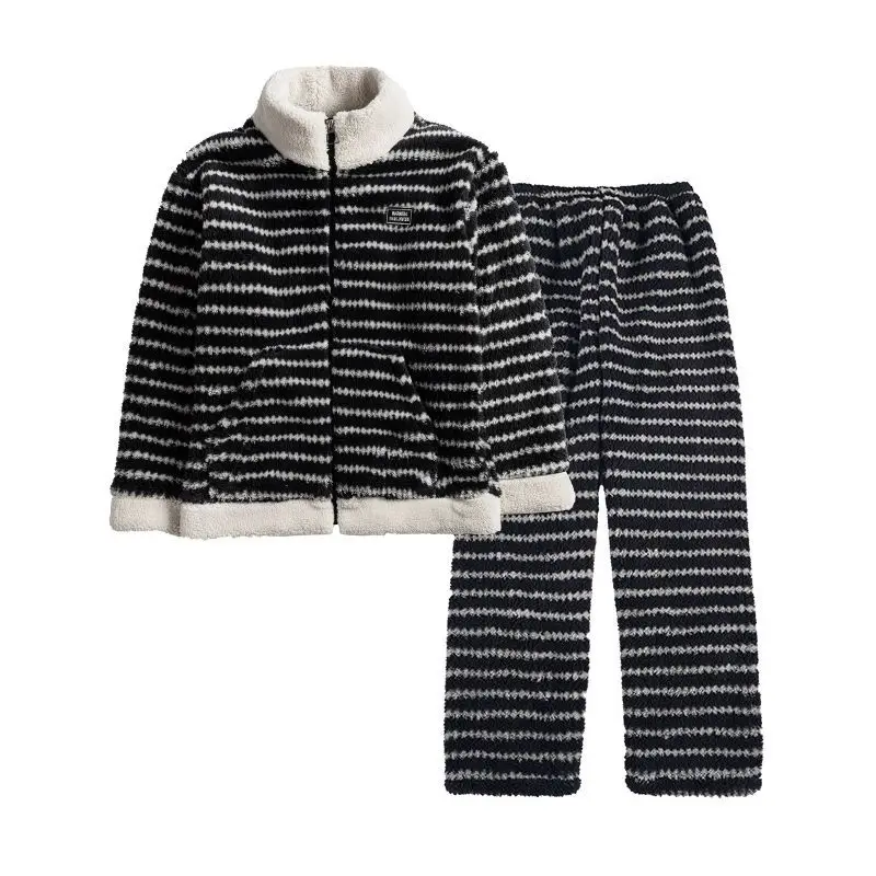 

Winter Fashionable Loungewear Couples Pajamas Coral Fleece Suit Splicing Zipper Stand-up Collar Black Bottom Strip Outer Wear