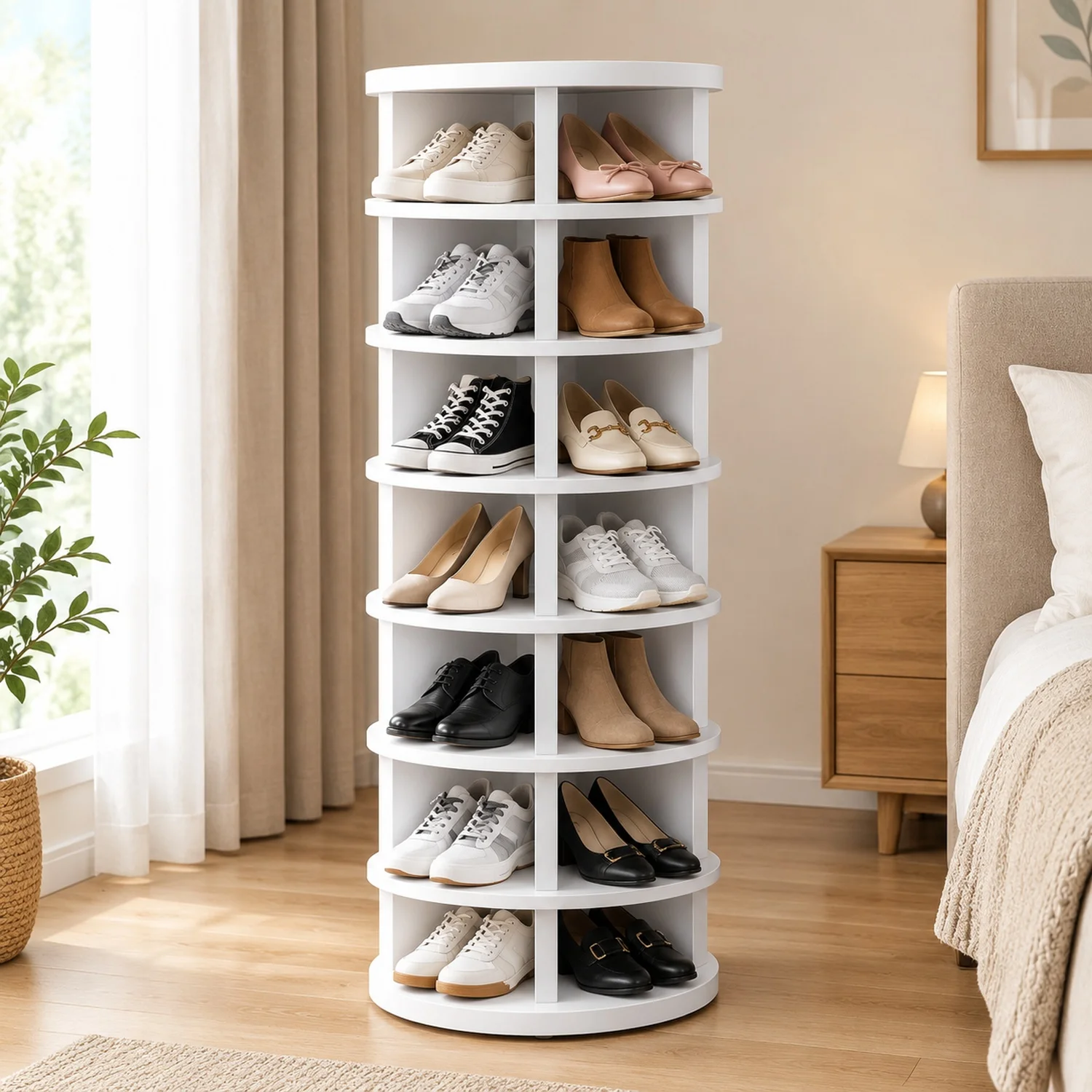 6 Tiers Rotating Shoe Rack Tower, 360° Spinning, Revolving Storage Round Carousel Display, Freestanding Lazy Susan Organizer for