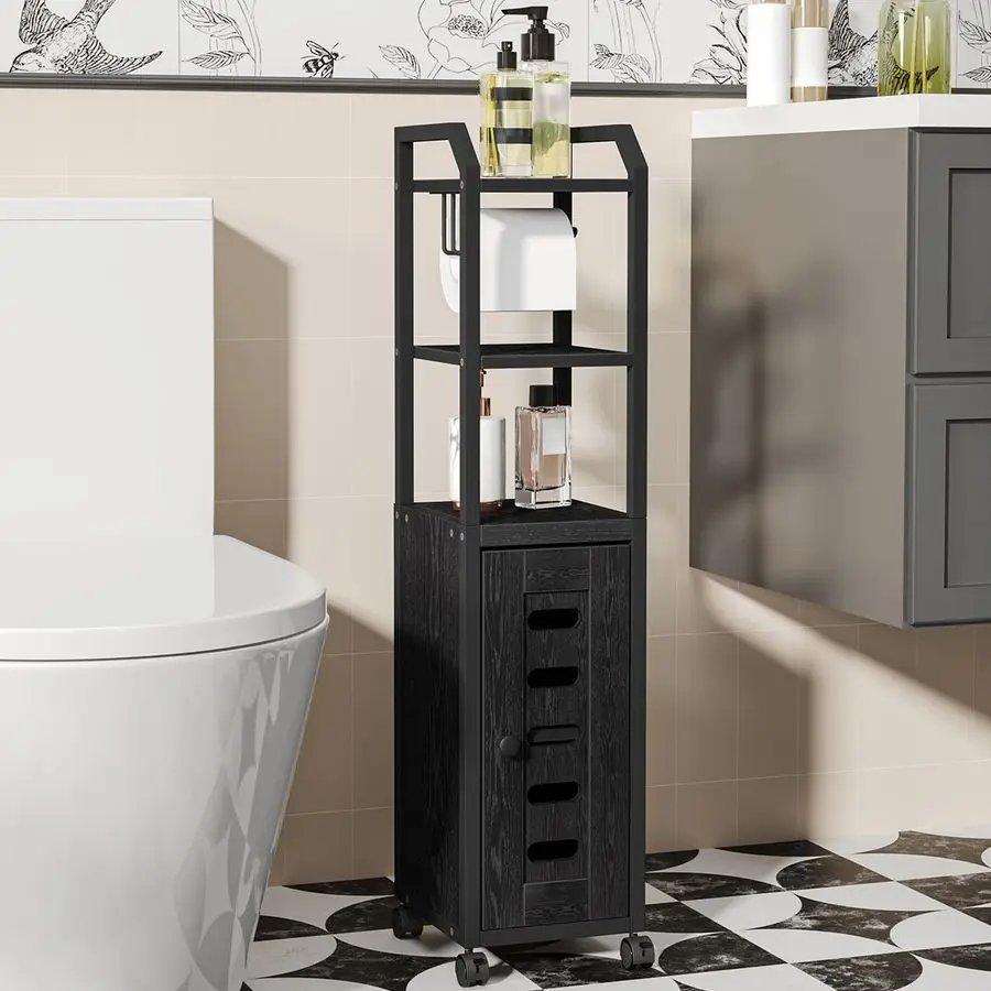 

Storage Cabinet Toilet Paper Storage Cabinet, Small Toilet Paper Holder with 4 Wheels, Bathroom Organizer with Adjustable Shelf,