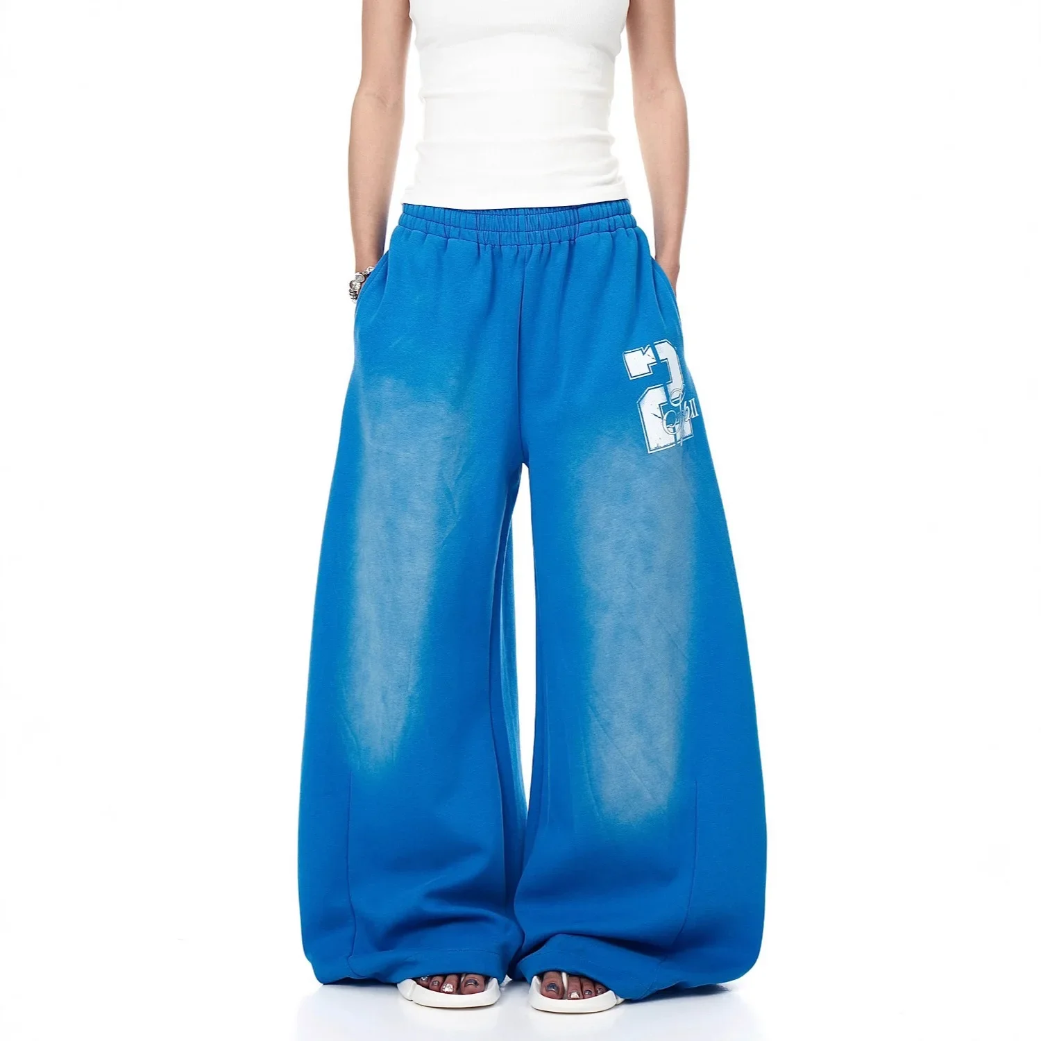 بنطال رياضي كاجوال فضفاض بتصميم أزرق كلاسيكي أمريكي بطول الأرض للرجال والنساء برباط خصر مرن
