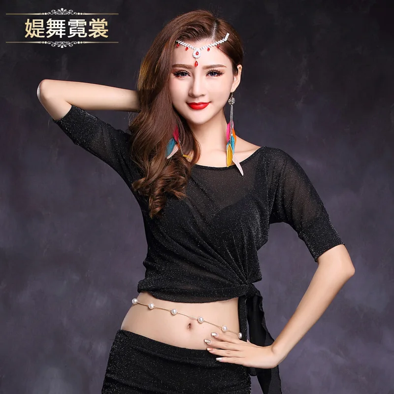 Belly dance top 2023 new practice clothes short-sleeved tops group clothes practice clothes table performance clothing mesh sex