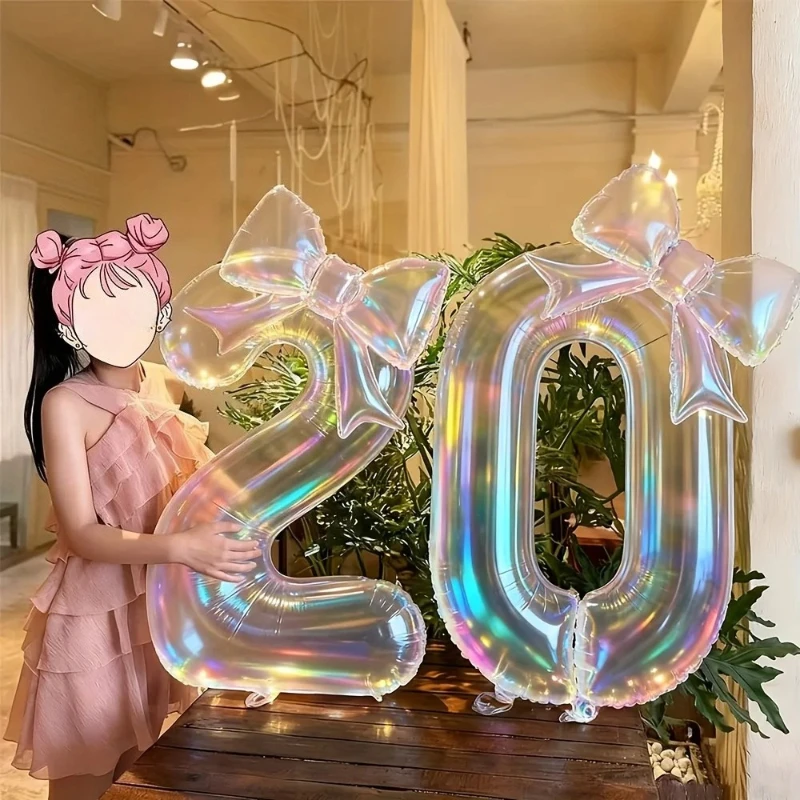 Zahlen 0-9 Folienballons Groß Schillernd Transparent mit 24-Zoll Schillernder Schleife Dekorationen Geburtstagsparty Ballons Babyparty