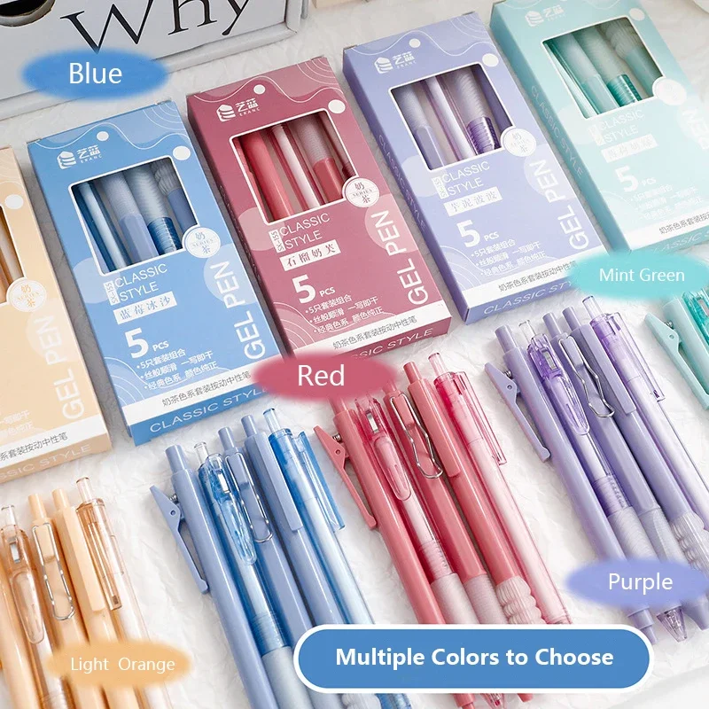 5Pcs Colorful Gel Pen 0.5mm Pushing Neutral Pen Set Stationery Items University Students Accessories Back to School Supplies
