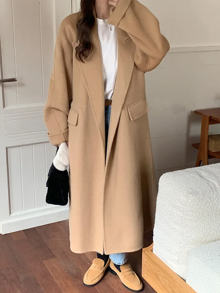 

New Hand Sewn Double-sided Alpaca Wool Coat Women Simple Fashion Lace-up Warm Wool Coats Temperament Lapel Trend Autumn Winter