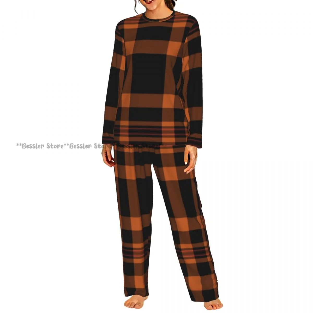 Women Round Neck Pajamas Set Tartan Plaid Texture Long Sleeve Tops + Long Pants