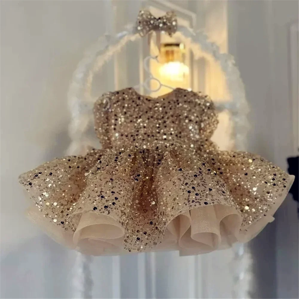 Luxury Flower Girl Dress Crystals Princess Scoop Neck Puff Party for Wedding Tulle Christmas Ceremonial Baby Christmas Dresses