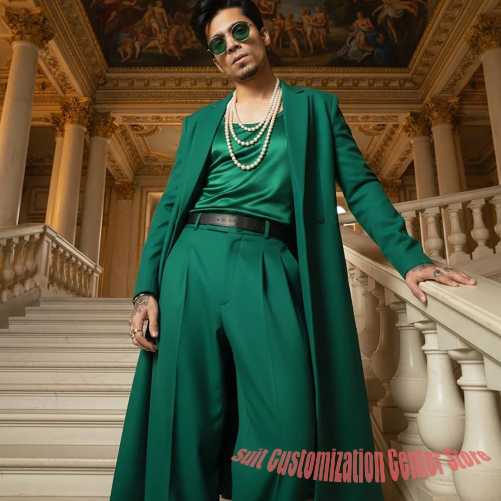 Bold Green Men's Suits and Separates Double Breasted Long Jacket+Wide-Leg Pants 2 Piece Set for Business Fashion Streetwear