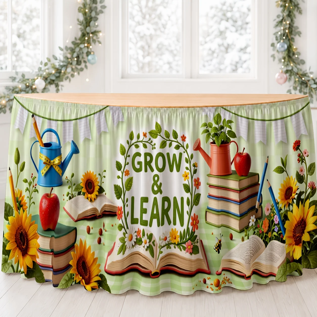 A table skirt, growing and learning printed table skirt, plant education theme