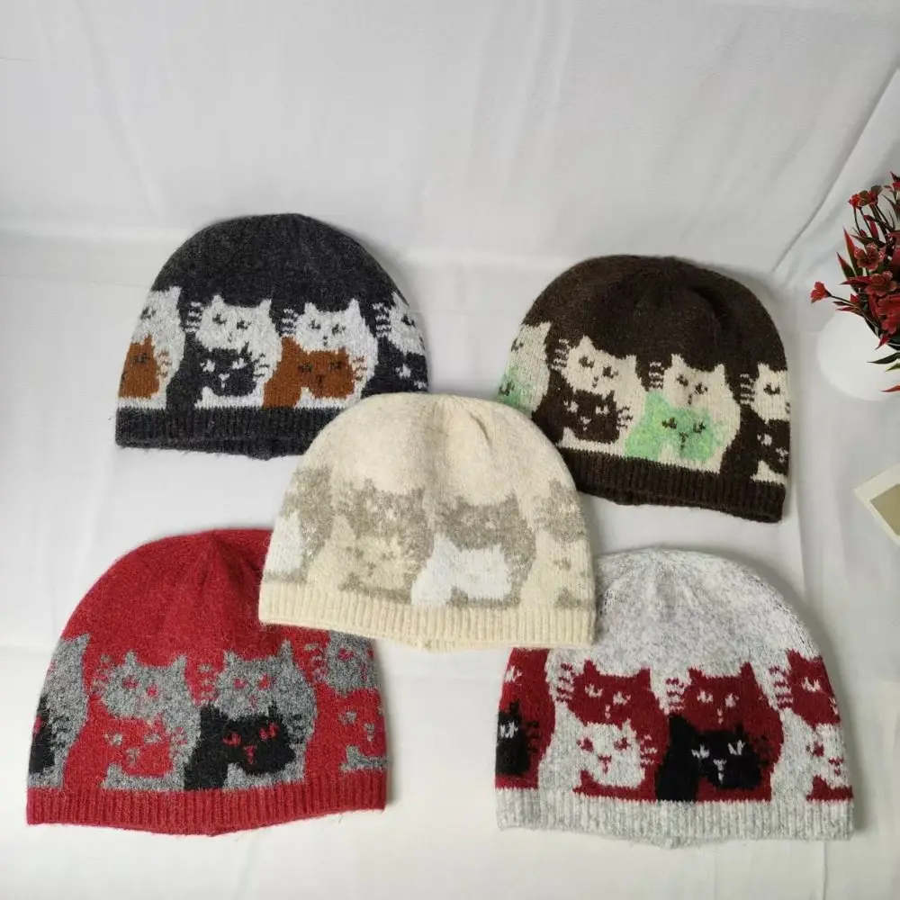 Retro Warme Jacquard-Katzen-Strickmütze mit Fair-Isle-Muster, Retro-Vintage-Druck, Strickmütze für den Herbst – Detail 9
