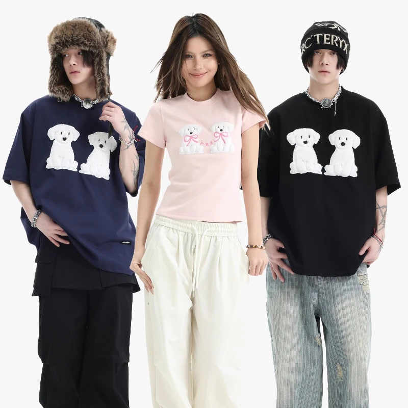 

Couple Cute Embroidered Puppy T-shirt Short Sleeved American Style Space Cotton Summer Round Neck Loose Men Women Top