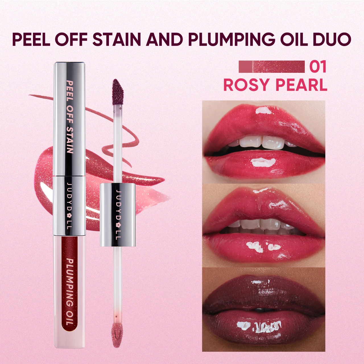 JUDYDOLL PEEL OFF STAIN AND PLUMPING OIL DUO Waterproof Smudge‑Proof Long‑Lasting Hydrating 2‑In‑1 Lip Stain Plumping Lip Oil