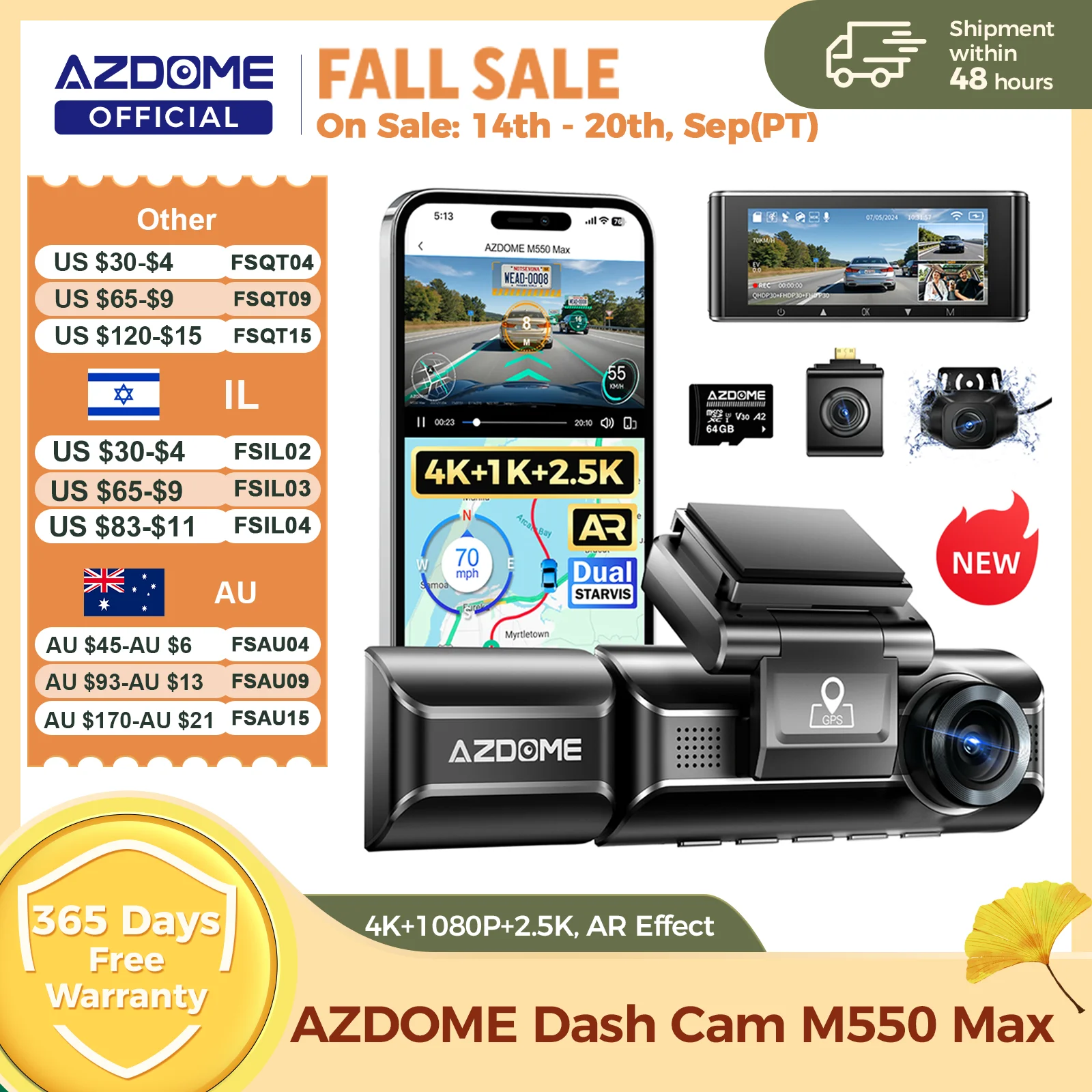 AZDOME M550 맥스 대시캠 4K+1K+2.5K 내장 GPS WiFi 150도 시야각 차량용 카메라 24시간 주차 모니터링 야간 시야 대시캠