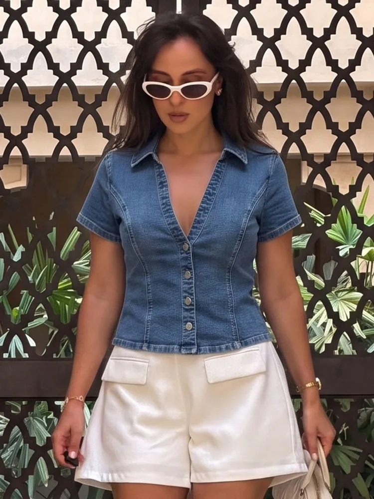 HH Minimalist Slim Fit Denim Crop Blouse, Lapel Collar Deep V-Short Sleeve Button Front Jean Shirt Summer Business Casual Office