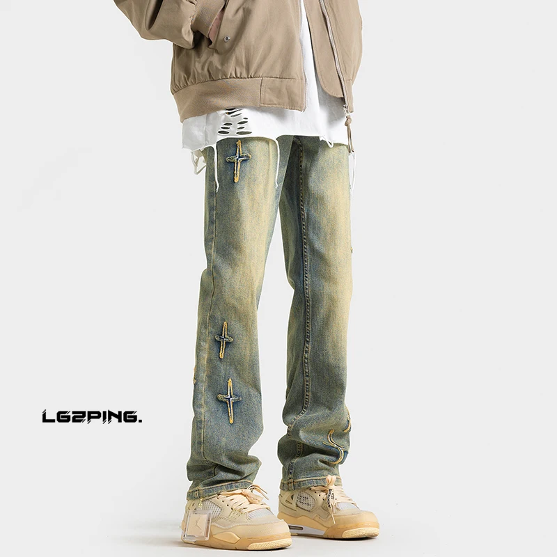 

Men's Straight Leg Jeans Slim Fit High Street Design Embroidery Trendy Brand Casual Comfortable mid Waist Drawstring