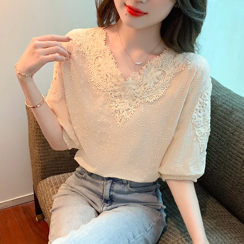 Casual Süße Kurzarm Chiffon Hemd 2023 Mode Nähte V-ausschnitt Weiß Tops Sommer Hohl Feste Dünne Spitze Bluse Dame 21880