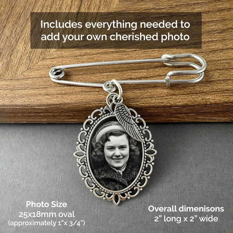 Wedding Bouquet Photo Charm Oval Boutonniere Pin with Guardian Angel Wing and Photo Resizing Software for Groom Bride or Family