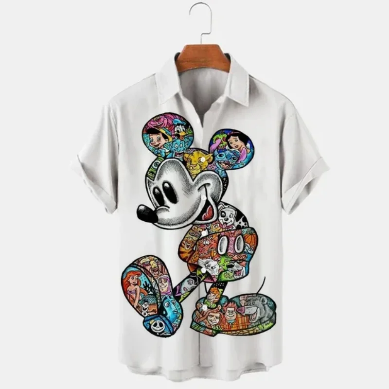 2023 Summer New Men's Casual Trend Fashion Cartoon Mickey Mouse Goofy Needle Harajuku Summer Top Men's Lapel Short Sleeve Shirt