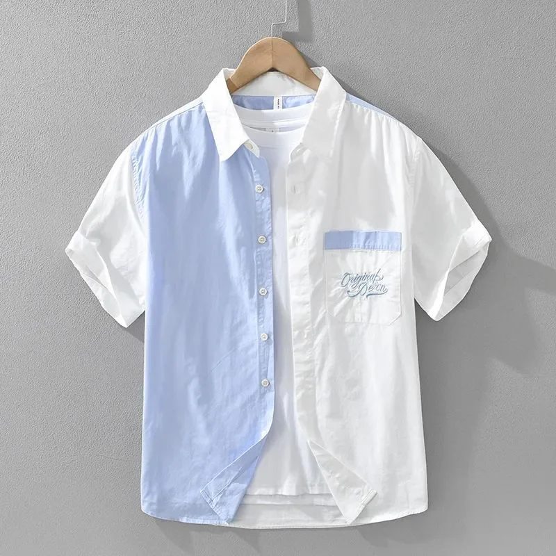 

Men's Color Block Short Sleeve Shirt Casual Cotton Button Down Top with Embroidery