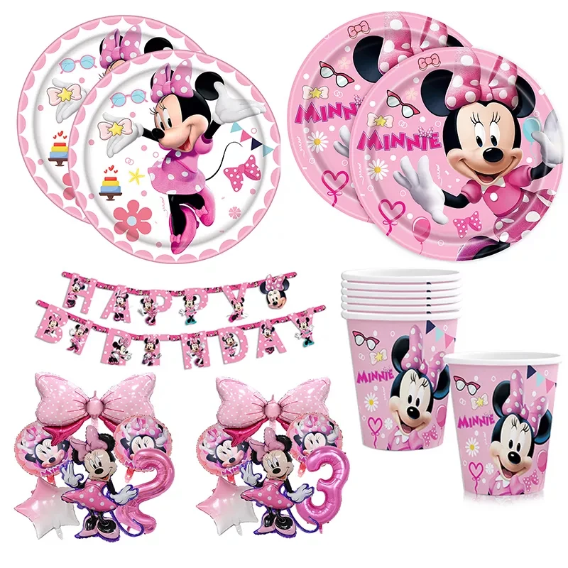 Disney Pink Minnie Mouse Theme Party Decoration Balloons Disposable Tableware Set Baby Shower Girls Kids Birthday Party Supplies