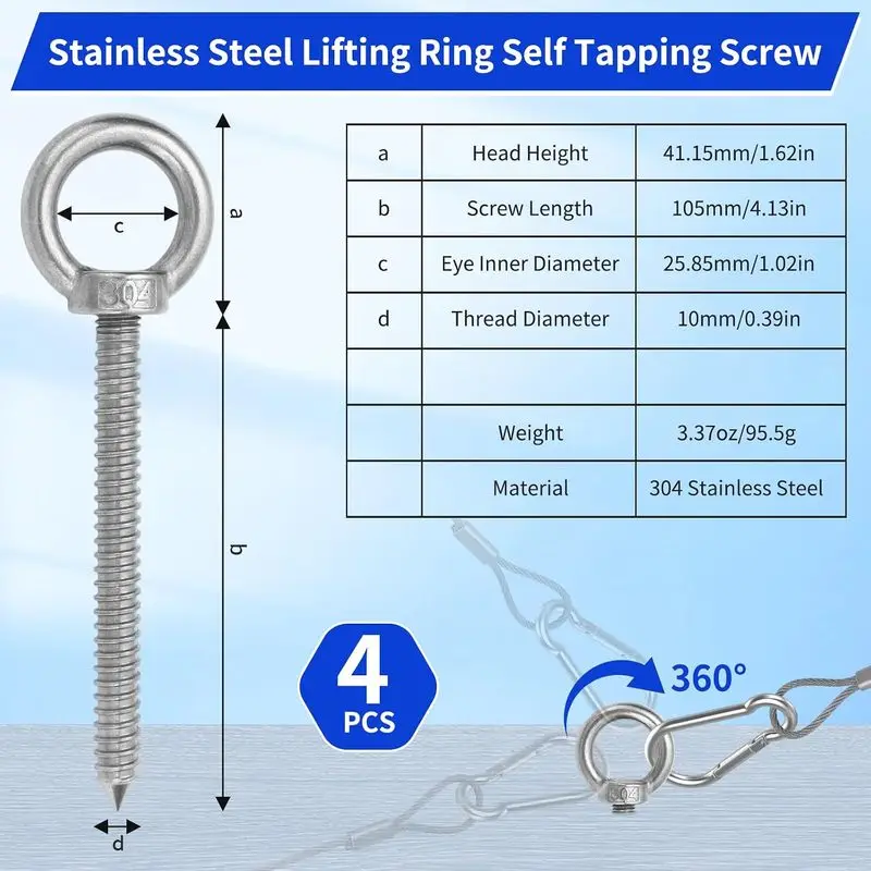 4 PCS Heavy Duty Eye Hooks, M10 Eye Bolts Screws, Eyelet Screws Suitable for Hammock Stands, Swing Chairs, HJ