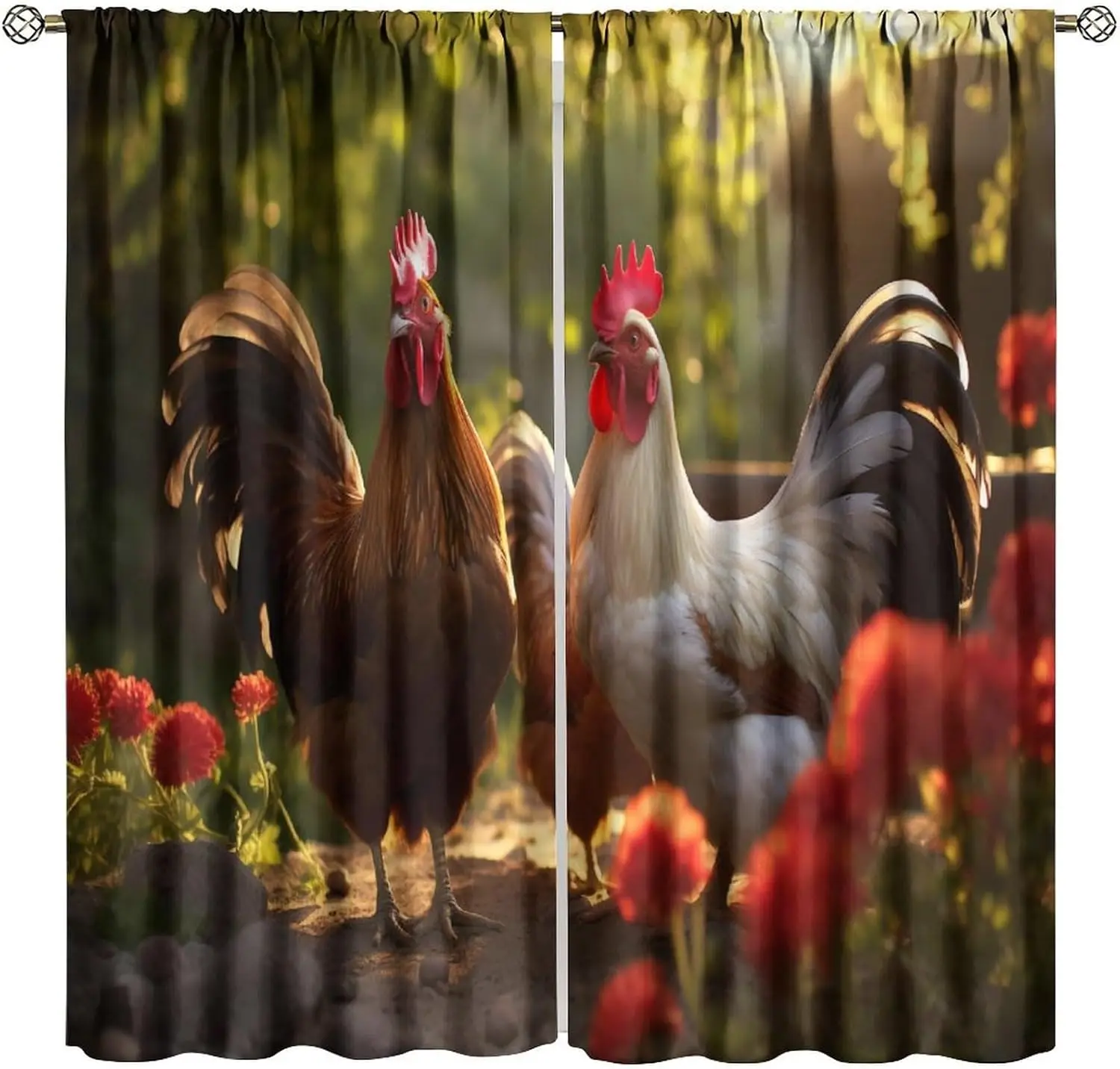 Rural Countryside Rooster Curtains Sunset Garden Pretty Big Rooster Window Drapes for Kids Boys Girls Room Bedroom Living Room