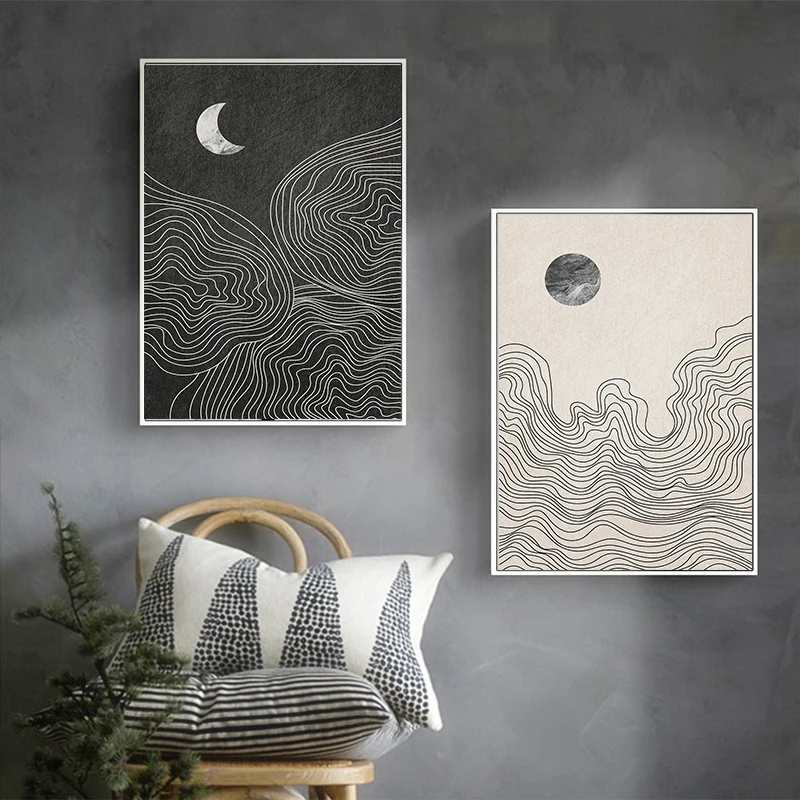 Abstract Neutral Boho Sun Moon Line Art Canvas Painting Black and White Print Picture Artwork Modern Minimalist Room Decor