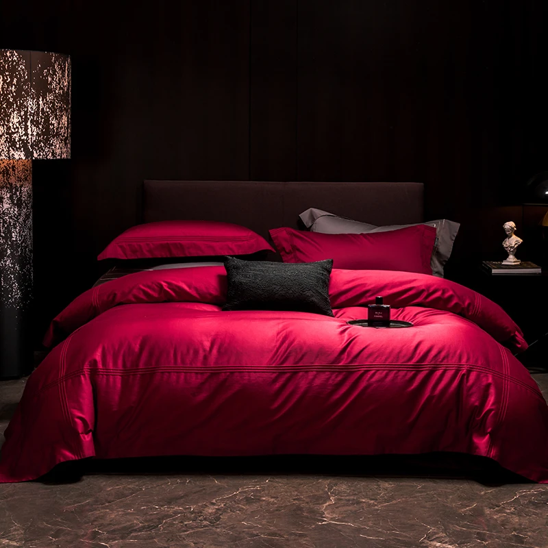 1000TC Egyptian Cotton Burgundy Luxury Bedding Set Double Queen King Size Duvet Cover Bed Sheet/Fitted Sheet Pillowcases 4Pcs