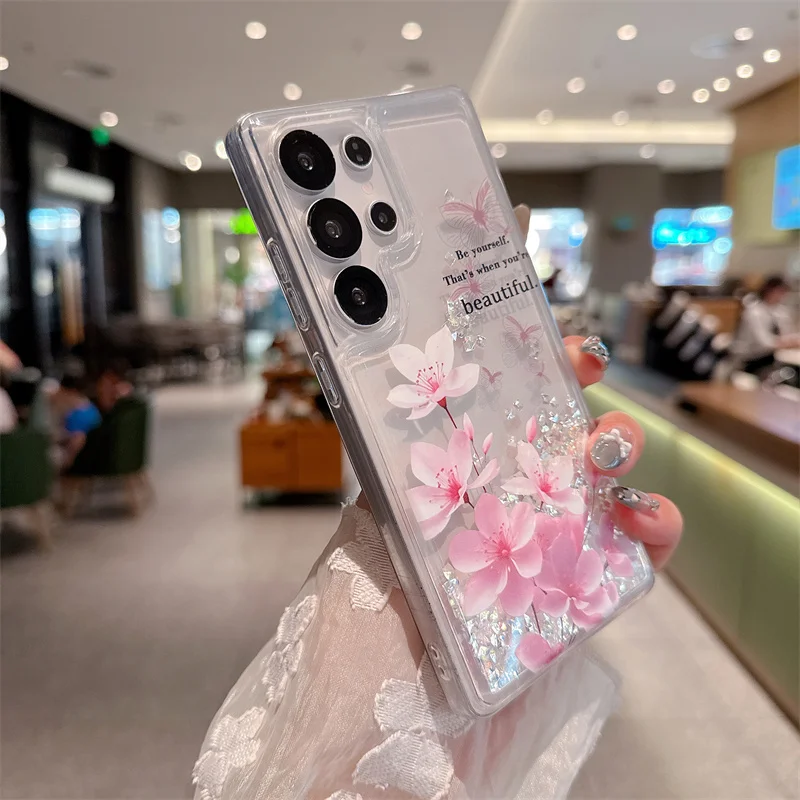Glitter strass areia movediça caso para samsung s23 s24 s25 ultra flores silicone claro movendo areia capa dinâmica escudo líquido