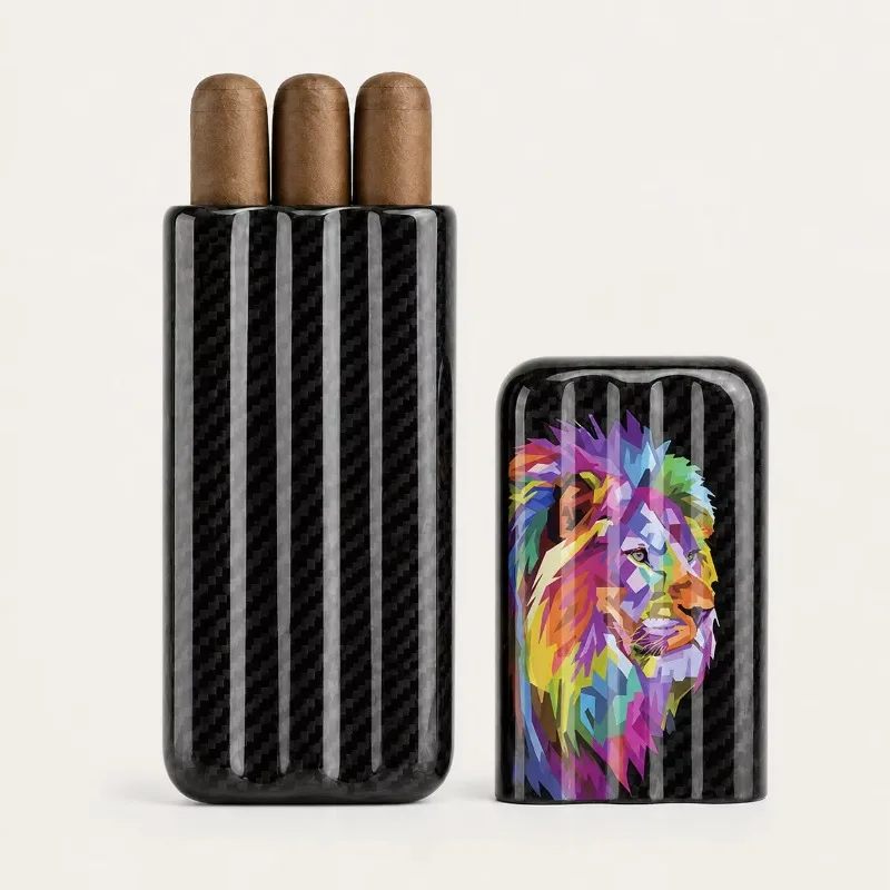 Carbon Fiber Cigar Humidor Travel Box,3Tube Holder Portable Humidifying Case,Lion Pattern Telescopic Slide Hard Shell,Men's Gift
