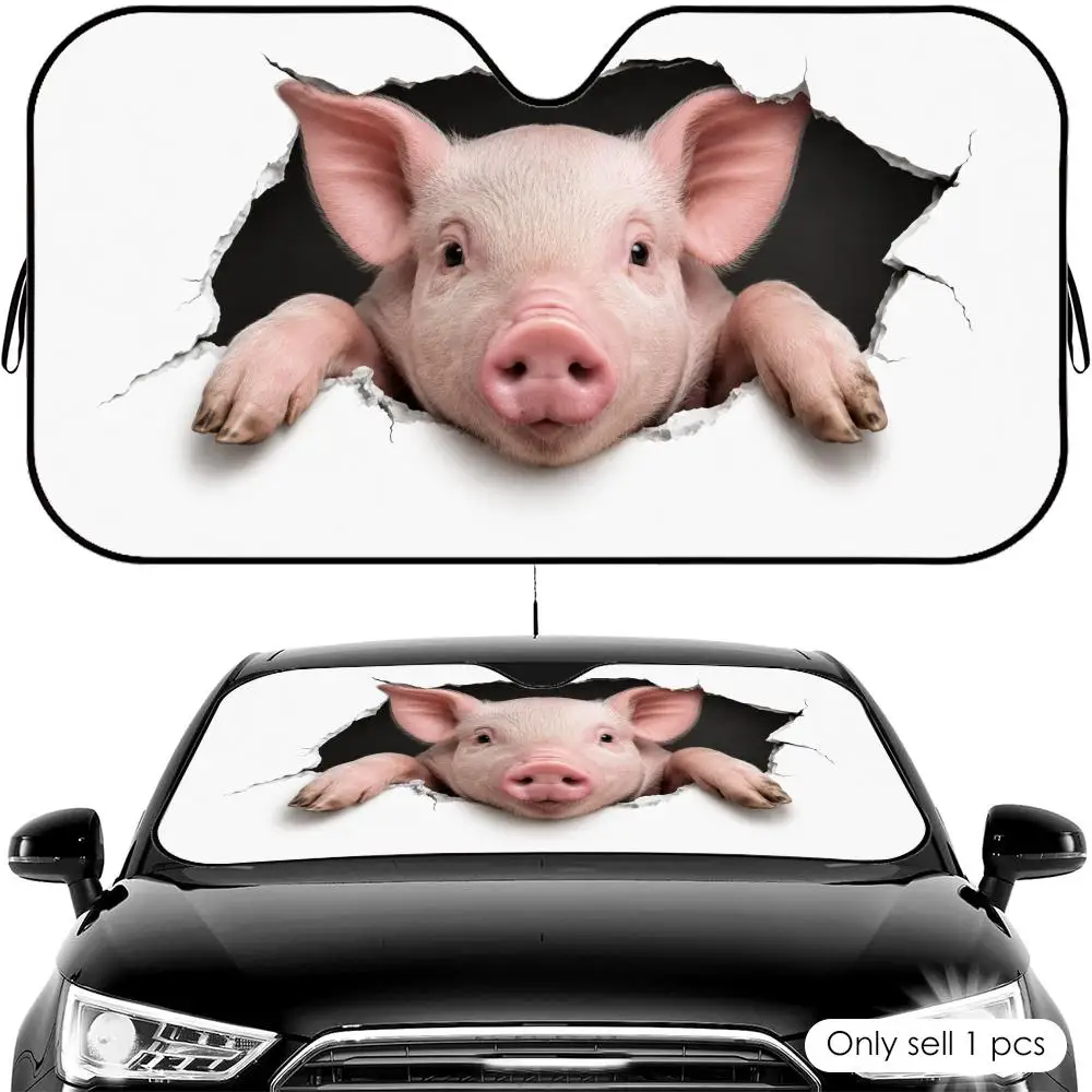 Adorable Animal Pig Broke Through Wall Sun Visor Car Front Windshield Shade UV Block Heat Shield Foldable Universal Fit Cover