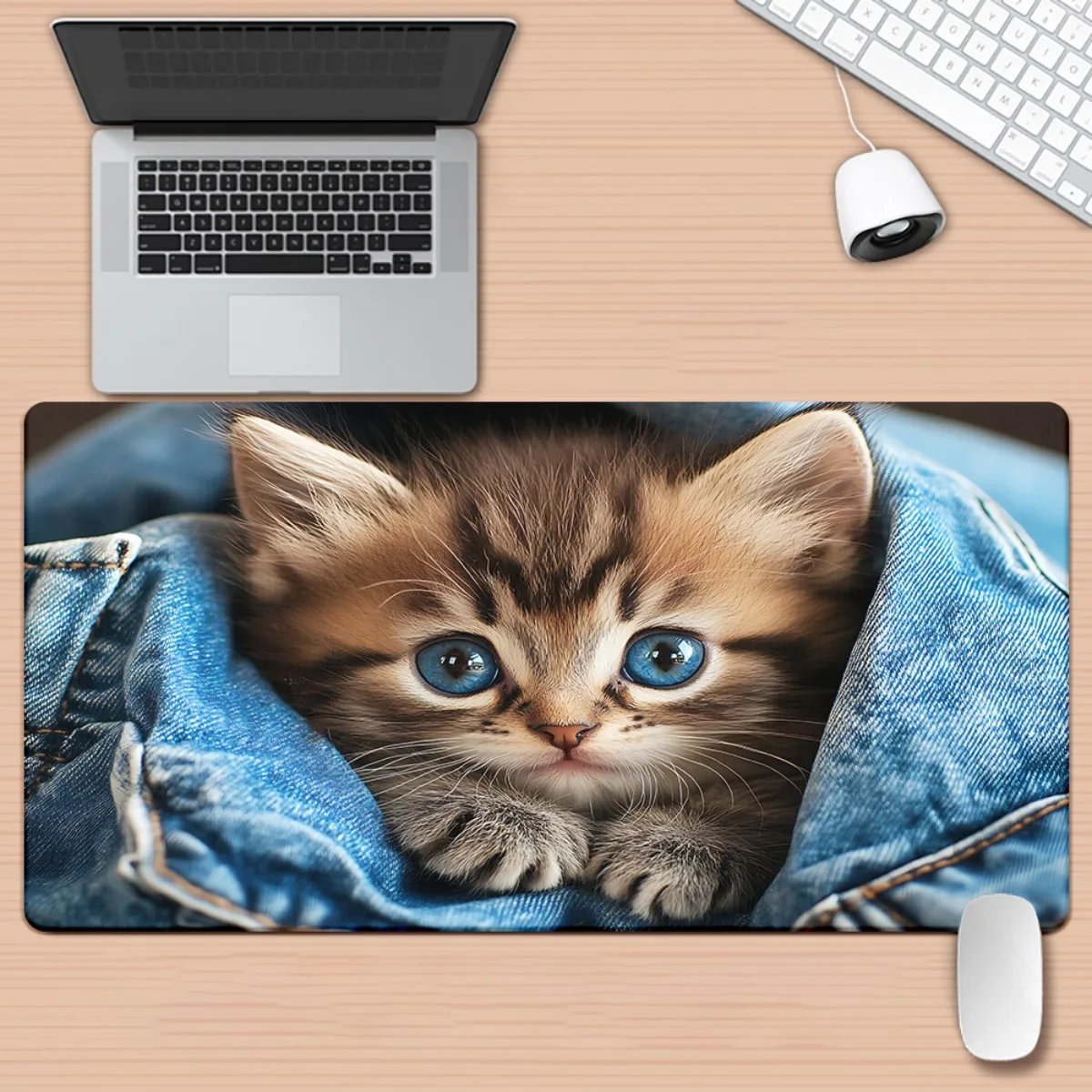 Cute Blue Eyed Kitten in Denim Extra Large Gaming Mouse Pad Rubber Desk Mat for Office Computer PC Gamer
