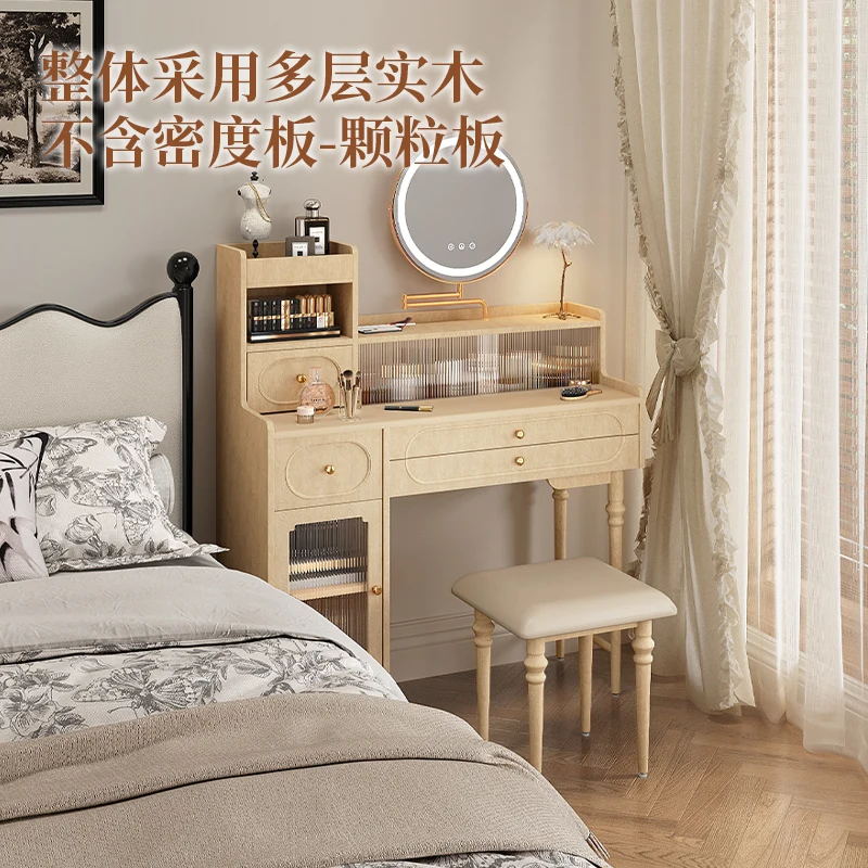 

Retro style solid wood dresser modern bedroom black makeup table storage cabinet integrated makeup table