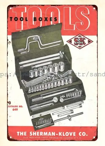 bar club 1949 Sherman Klove tool box tradesmen carpenter plumber metal tin sign