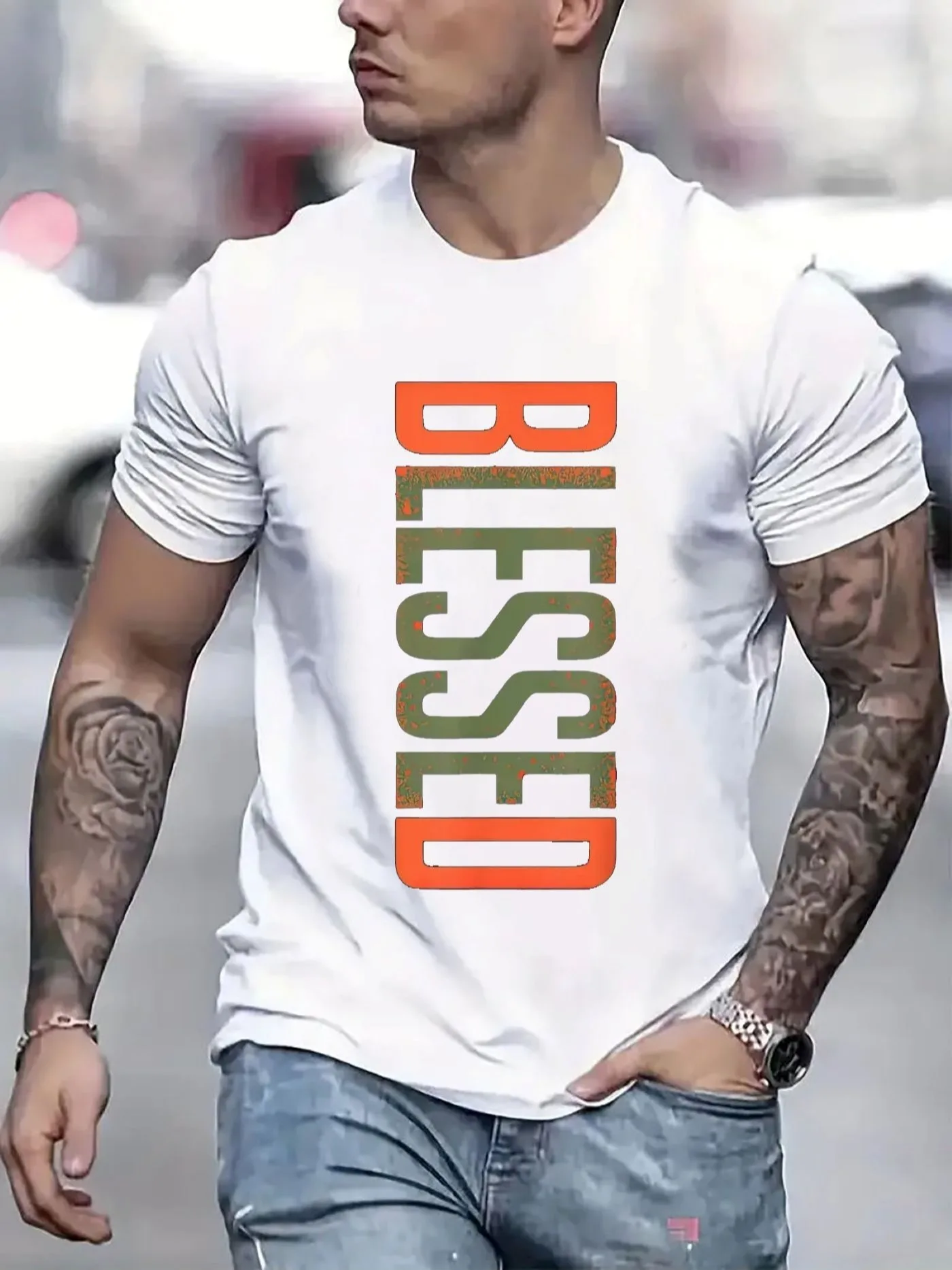 Men Blessed Graphic Print T-Shirt For Men Casual Short Sleeve Tee 1 Pcs 100% Heavy Cotton - Comfortable Crew Neck, Soft Adorable