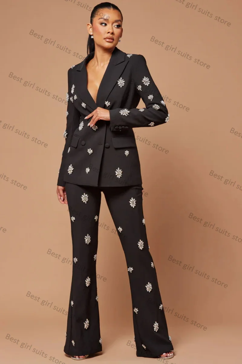 

Crystals Black Women Suits Set 2 Piece Short Blazer+Pants Formal Office Lady Jacket Customized Formal Wedding Cotton Coat