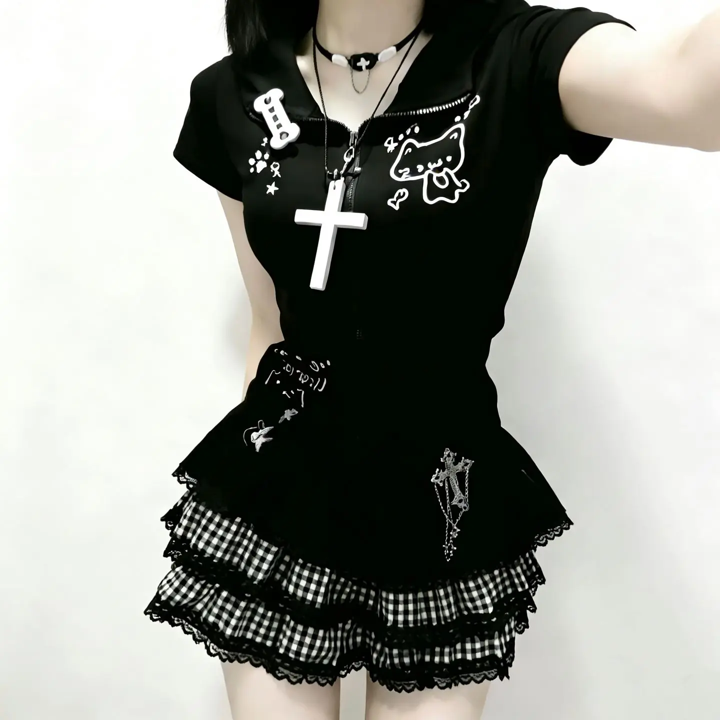 Y2K Japanese Subculture Cat Ear Hooded Zip-Up Crop Top High-Waist Mini Tiered Pleated Skirt Set Sweet Cool Spicy Girl Style