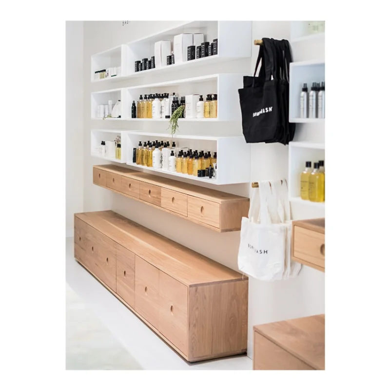 Custom. natural style makeup display cabinet wooden makeup display counter cosmetic display rack