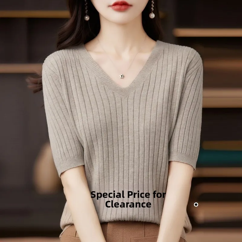

Summer New Loose Women's Wool Knitted V-ne ort Sve T-irt Spring Autumn Base irt Top Comfortable Breathable