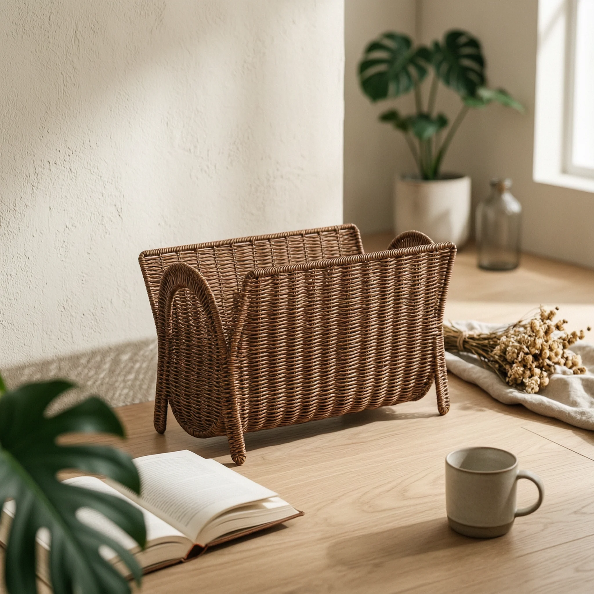 Magazine Storage Basket Rattan Magazine Holder with Handles Book Basket Open-Top Farmhouse for Readers, Living Room