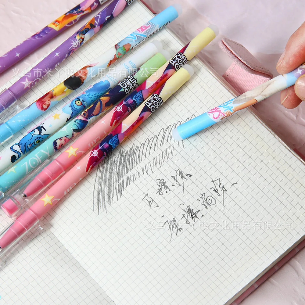 12/24pcs 만화 스트레이트로드 중성펜 0.5mm 지울 수있는 검정색 펜 학생 쓰기 연습 펜 문구 학습 용품 Gif