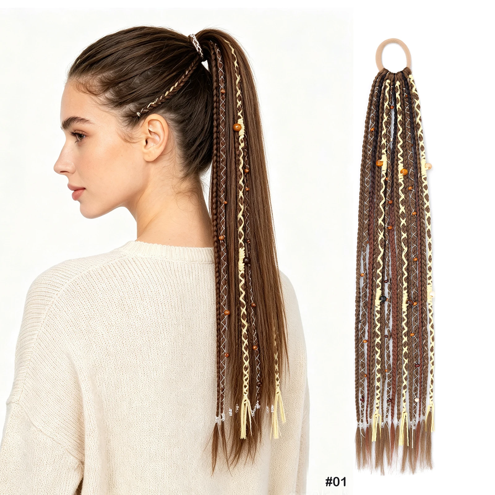 Boho Hand Braided Ponytail Hair Extensions Synthetic Dreadlock Braid Hair Tie Ponytails for Women Festival Party